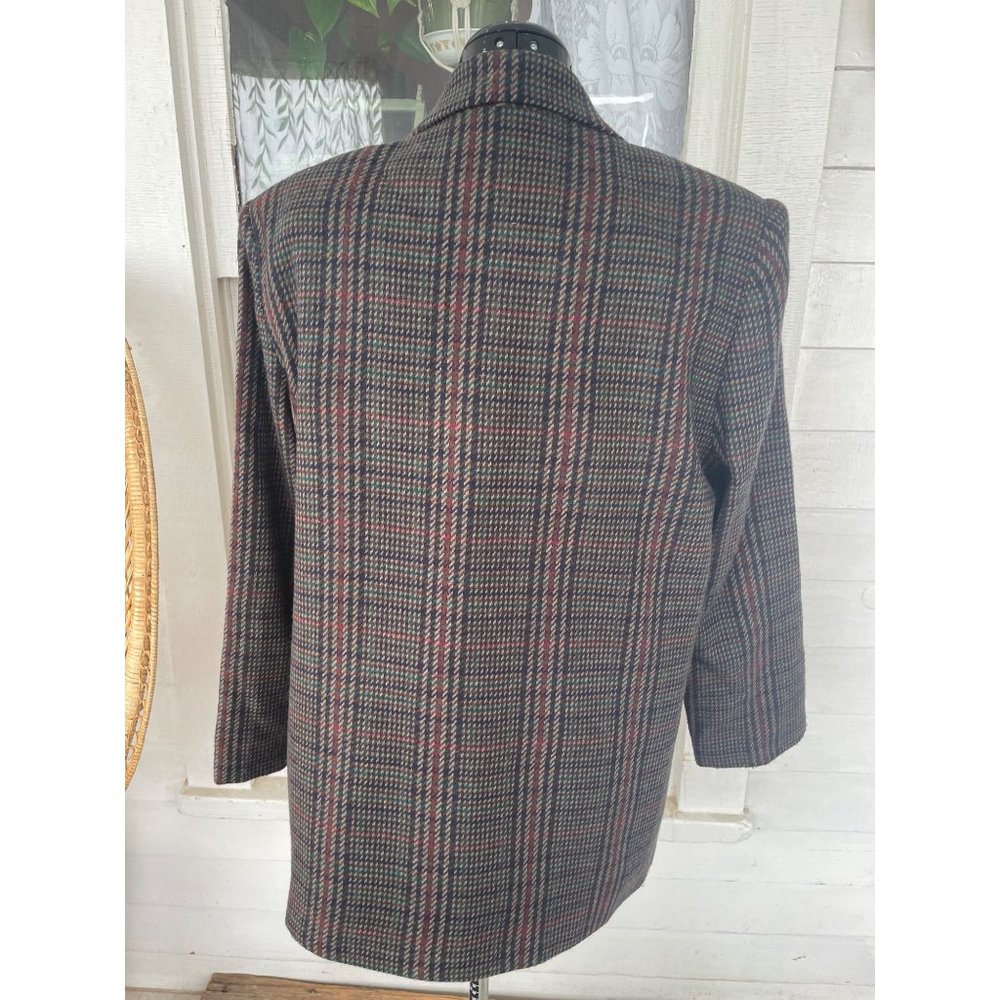 Vintage 1990s Hounds Tooth Plaid Wool Blend Womens Blazer 14 Petite - Picture 6 of 12